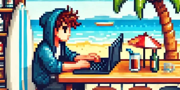 A pixel art depiction of my younger self sitting with my laptop, blissfully coding in a beachside bar